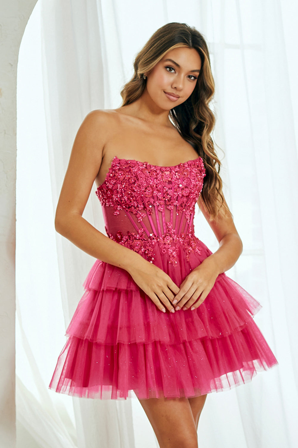 Amelia Couture 9066s - Strapless Tiered Ruffle Short Gown Fuchsia / 00 Amelia Couture 9066s - Strapless Tiered Ruffle Short Gown Fuchsia / 00