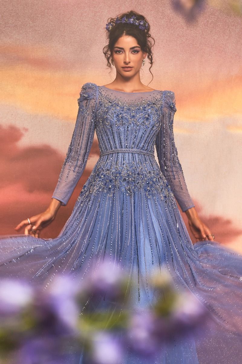Andrea & Leo A1167 - Azurite Beaded Long Sleeve A-Line Gown