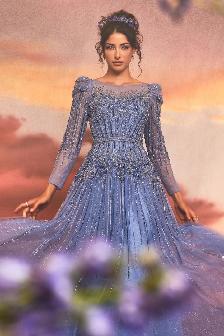 Andrea & Leo A1167 - Azurite Beaded Long Sleeve A-Line Gown