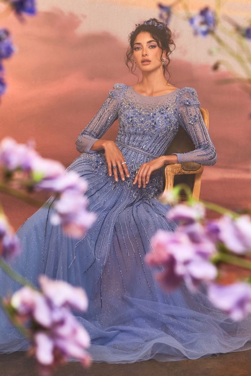 Andrea & Leo A1167 - Azurite Beaded Long Sleeve A-Line Gown