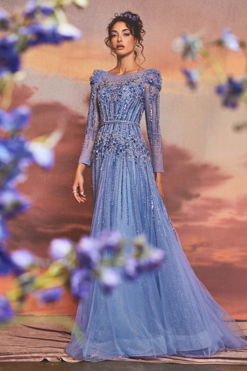 Andrea & Leo A1167 - Azurite Beaded Long Sleeve A-Line Gown