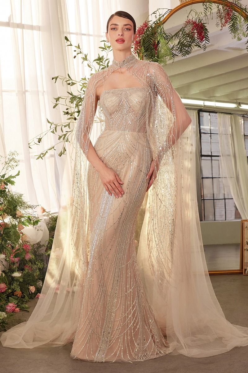 Andrea & Leo A1411 - Art Deco Beaded Gown with Cape
