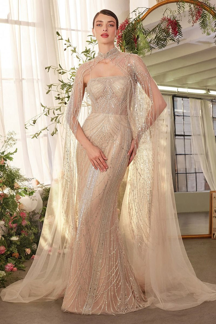 Andrea & Leo A1411 - Art Deco Beaded Gown with Cape