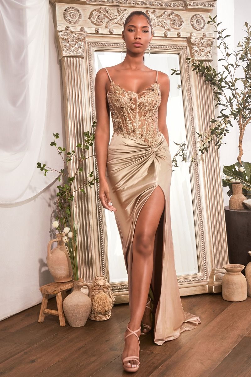 La Divine CD0176 - Fitted Satin Gown With Embellished Bodice