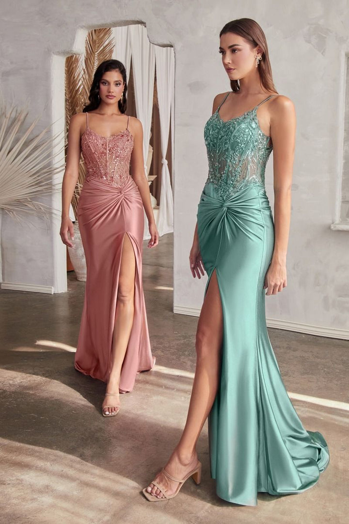 La Divine CD0176 - Fitted Satin Gown With Embellished Bodice