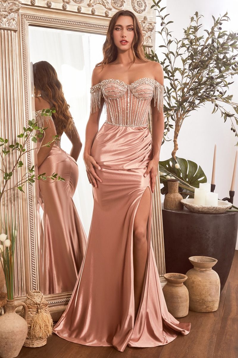 off the shoulder rose gold dress La Divine CD821 3/26/25 Color:ICE shoulder glitter evening gowns Modest Green Plus Size