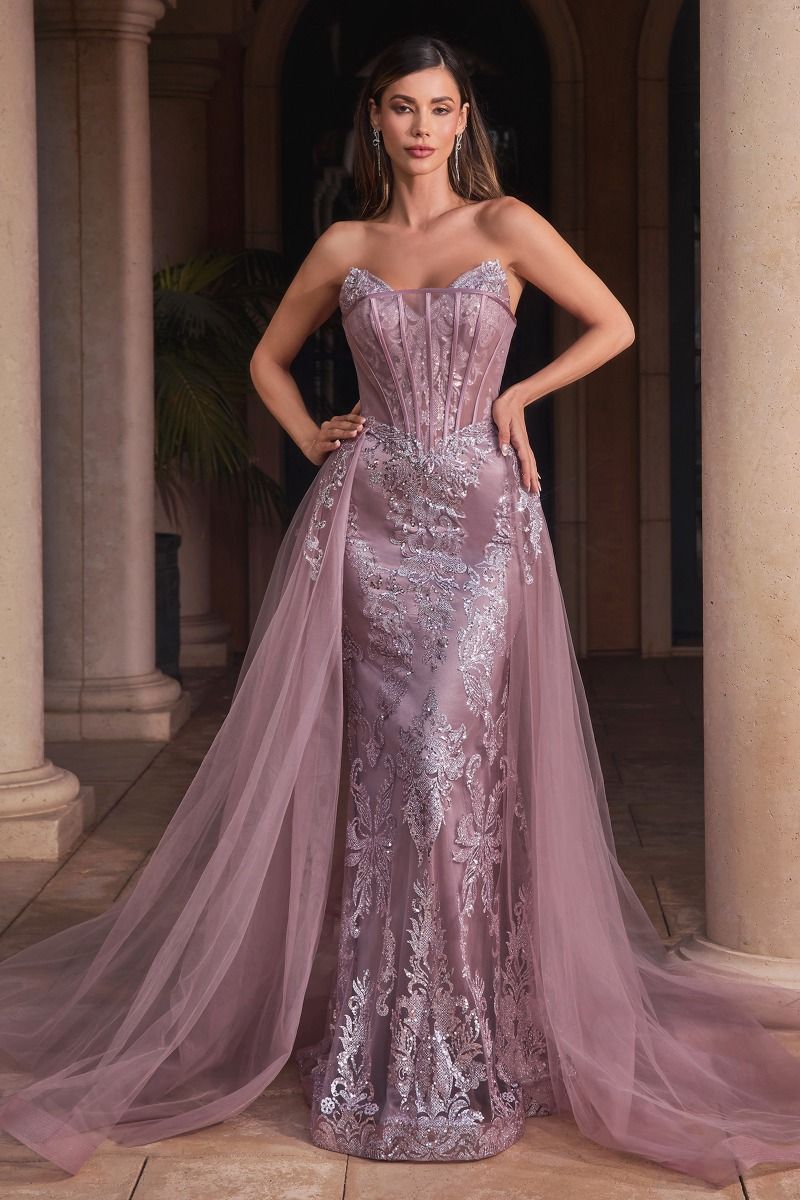 La Divine J858 - Strapless Glitter Gown with Removable Overskirt