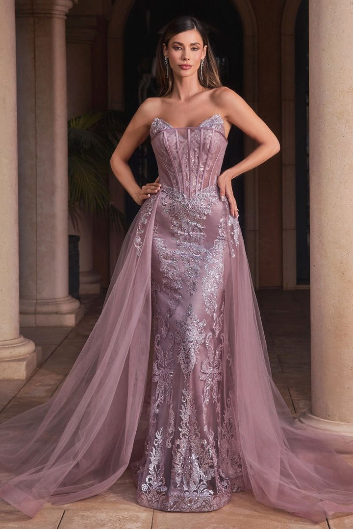La Divine J858 - Strapless Glitter Gown with Removable Overskirt