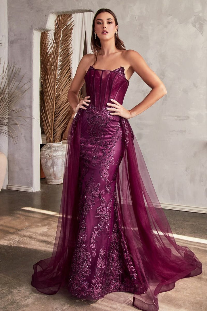 La Divine J858 - Strapless Glitter Gown with Removable Overskirt