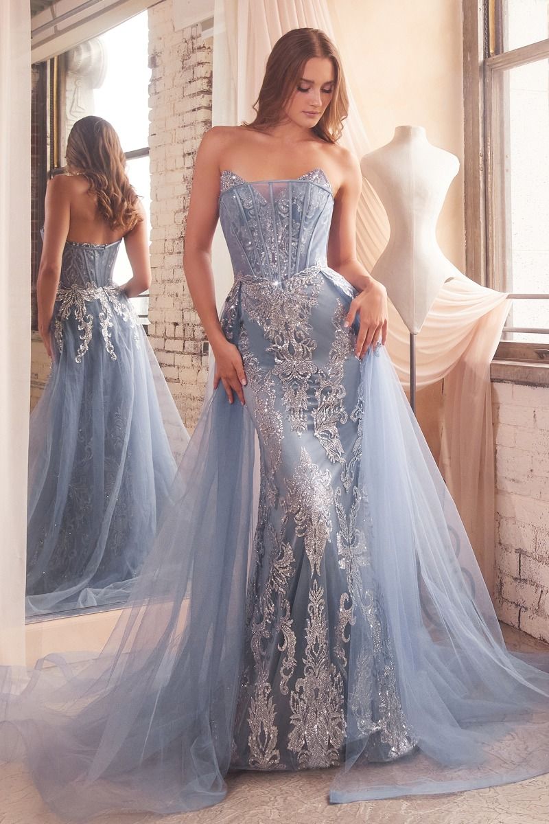 La Divine J858 - Strapless Glitter Gown with Removable Overskirt