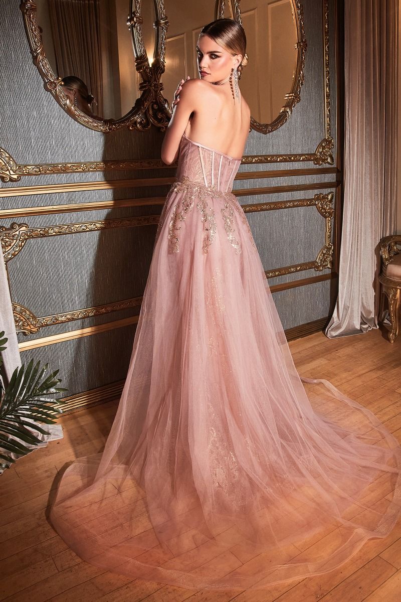 La Divine J858 - Strapless Glitter Gown with Removable Overskirt