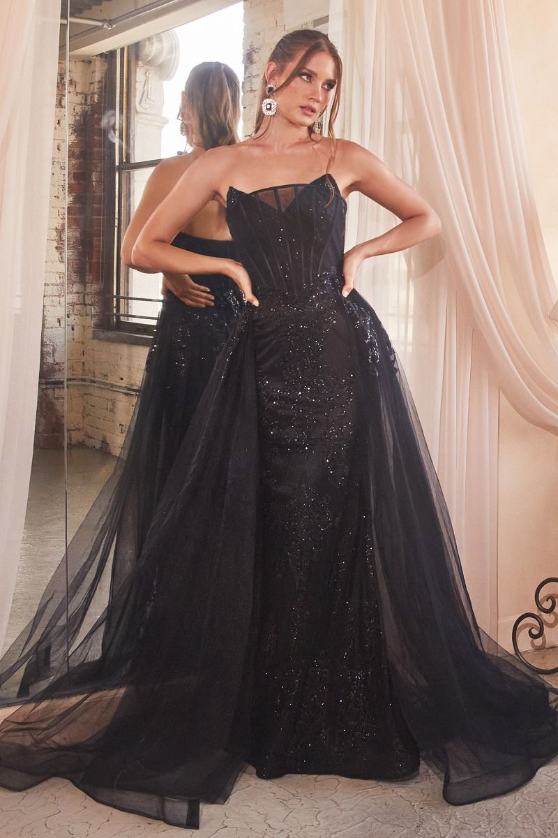 La Divine J858 - Strapless Glitter Gown with Removable Overskirt