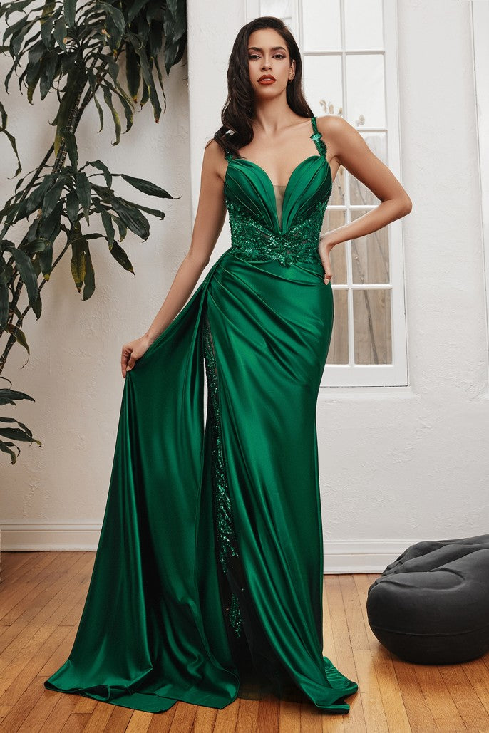 green emerald velvet dress Ladivine CDS417 Cinderella Divine Soft Satin Fitted Gown With Sash, Champagne / 8