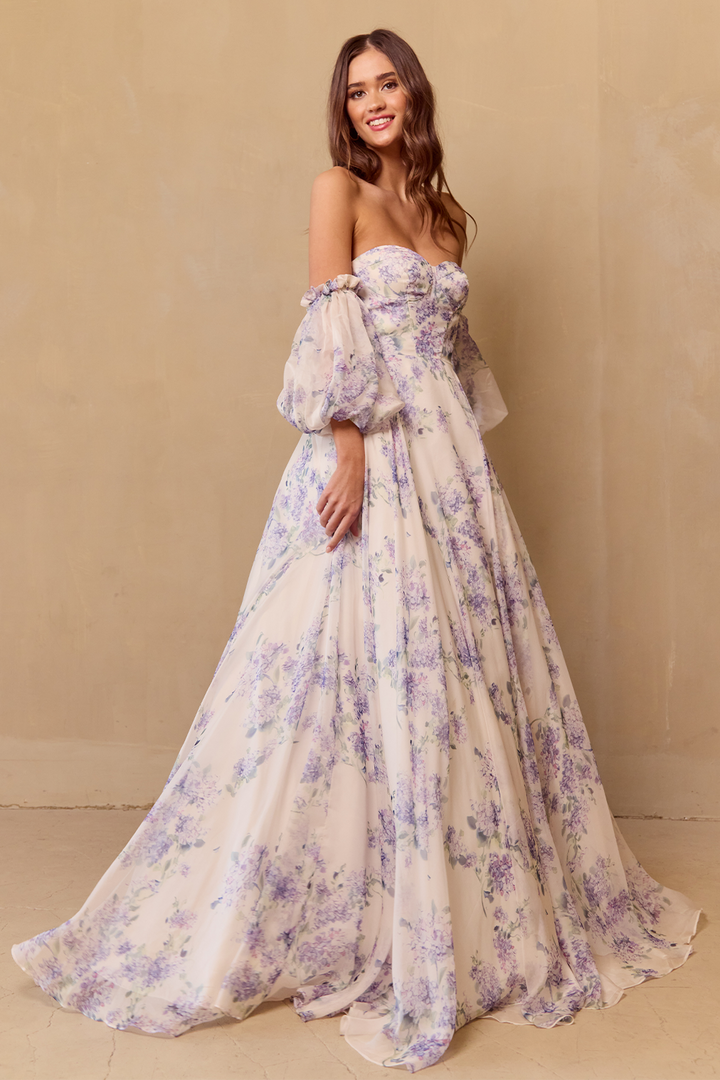 Amelia Couture SU084 - Floral Print Gown with Puff Sleeve