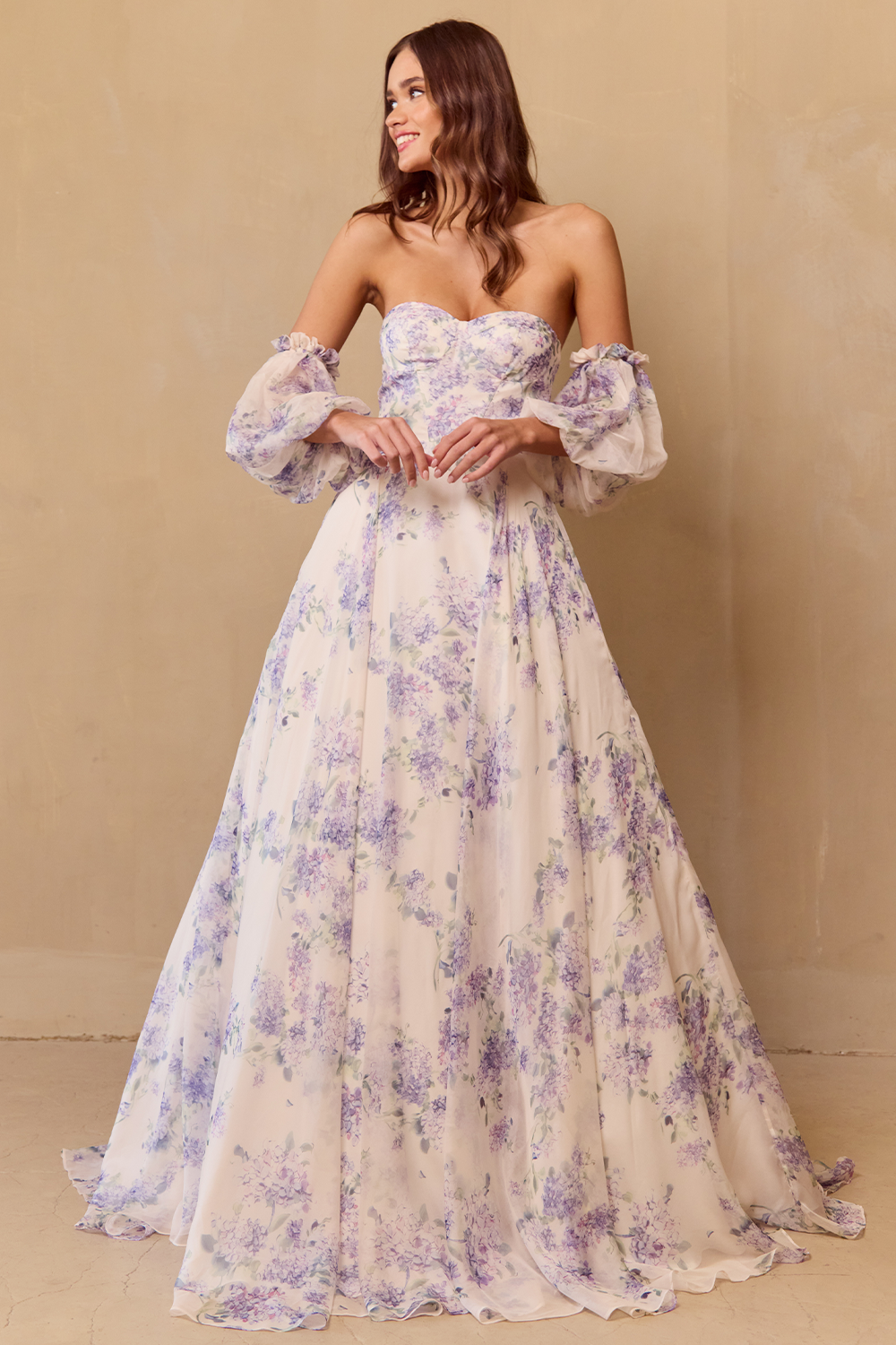 Amelia Couture SU084 - Floral Print Gown with Puff Sleeve