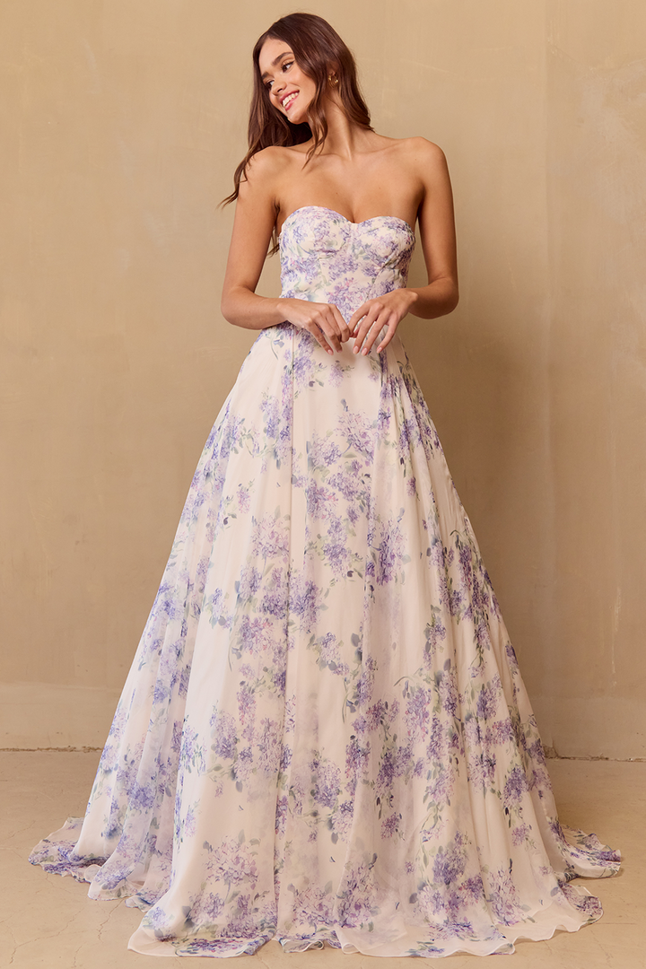 Amelia Couture SU084 - Floral Print Gown with Puff Sleeve