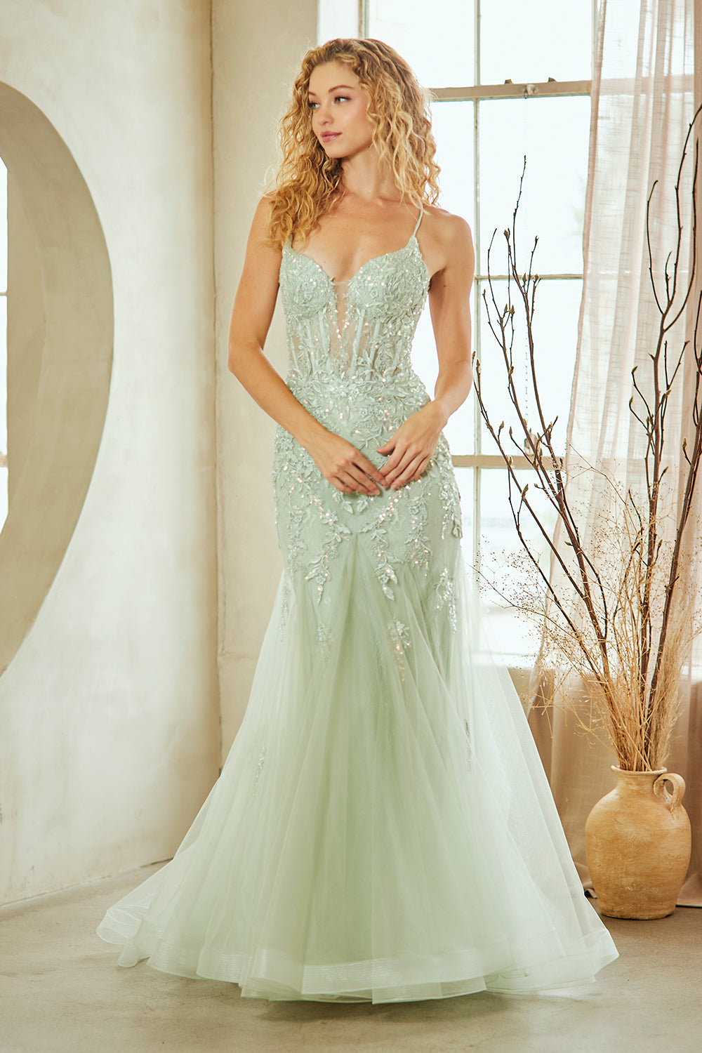 Prom Dress V-Neck Beaded Mermaid Formal Gown By Amelia Couture 2120 - SAGE / 14 Prom Dress V-Neck Beaded Mermaid Formal Gown By Amelia Couture 2120 - SAGE / 14
