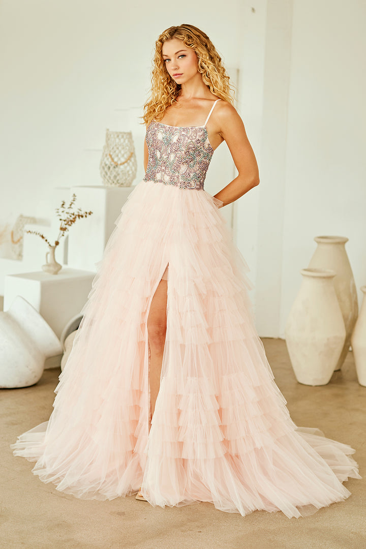 Amelia Couture SU096 - Ruffled Ball Gown with Multi Colored Beading