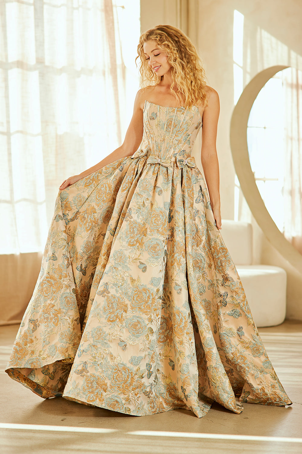Amelia Couture 8068 - A Line Brocade Gown with Pockets