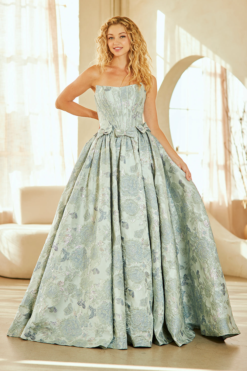 Amelia Couture 8068 - A Line Brocade Gown with Pockets
