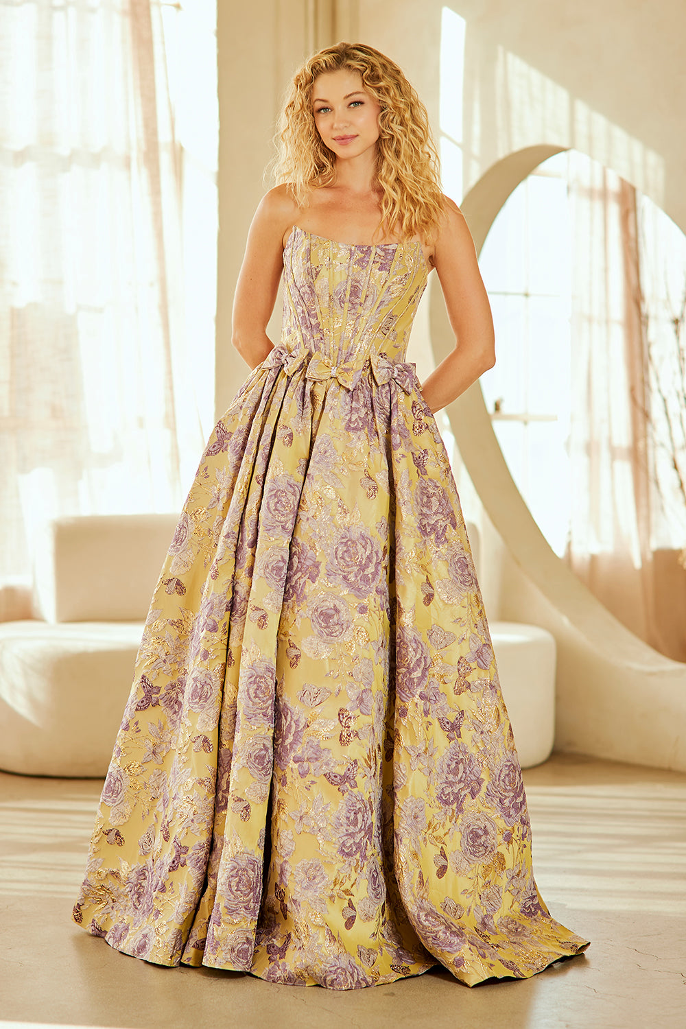 Amelia Couture 8068 - A Line Brocade Gown with Pockets