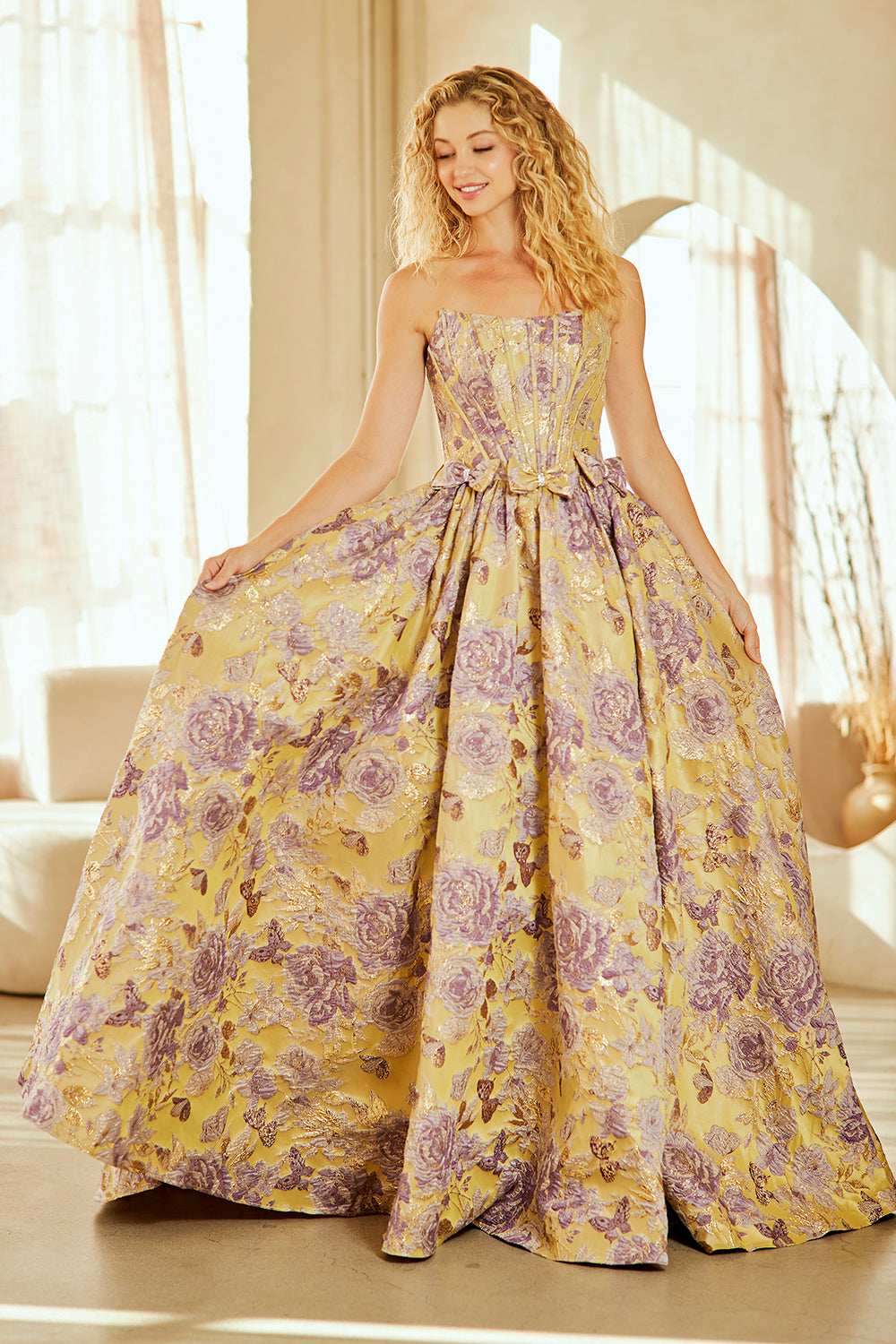 Amelia Couture 8068 - A Line Brocade Gown with Pockets