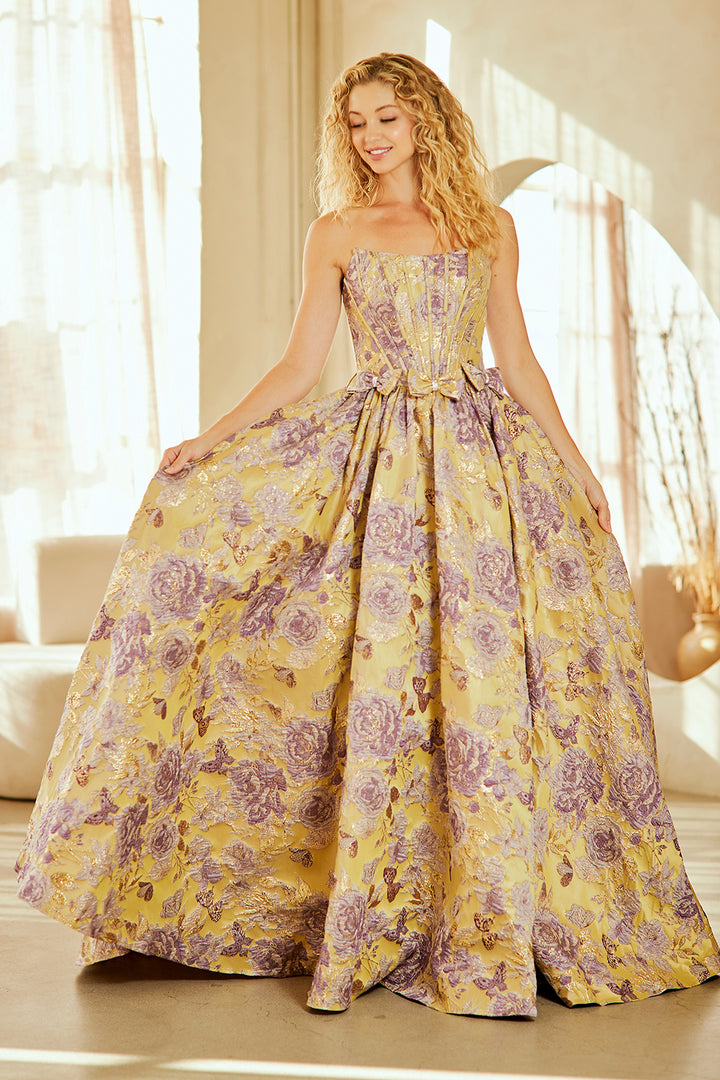 Amelia Couture 8068 - A Line Brocade Gown with Pockets
