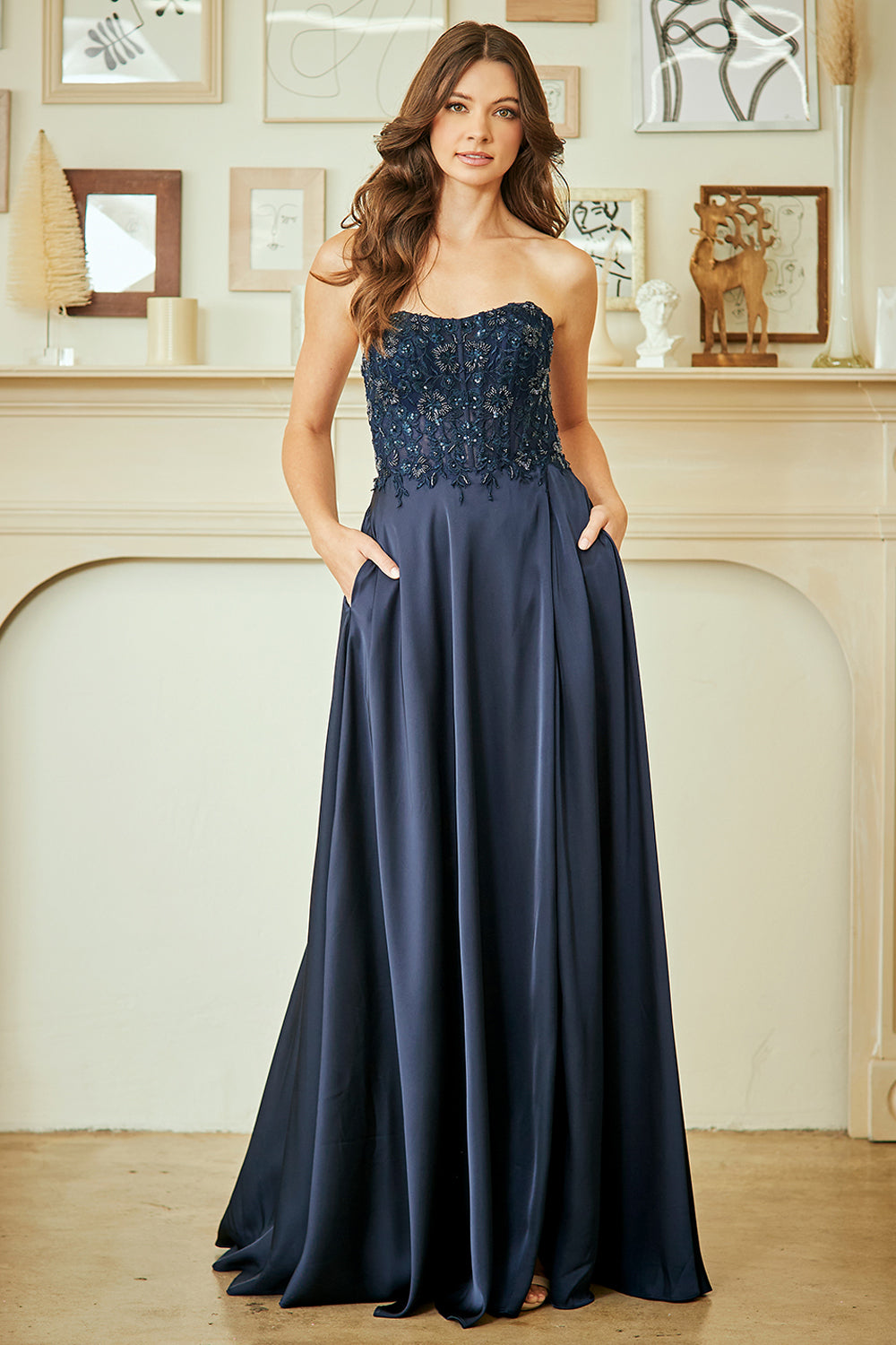 Amelia Couture 6204 - A Line Gown with Lace Details and Pockets