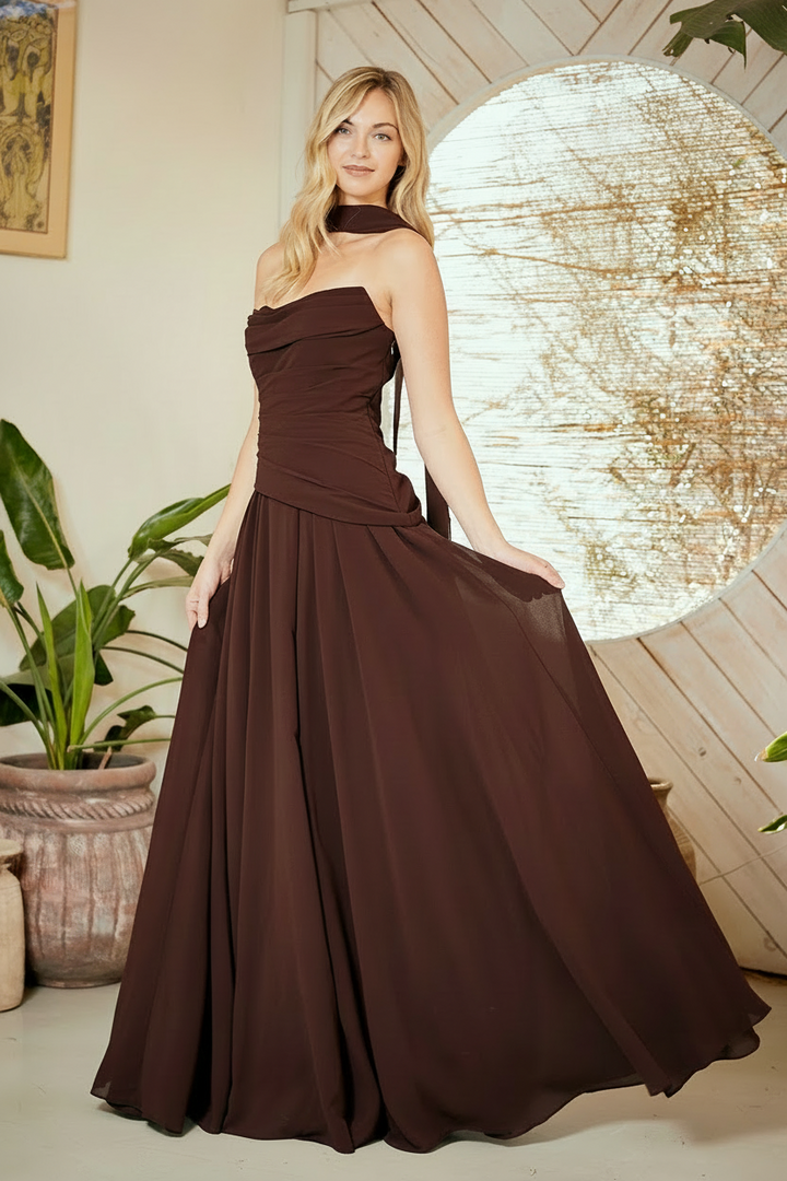 Amelia Couture 6133 - Drop Waist Chiffon Gown with Scarf