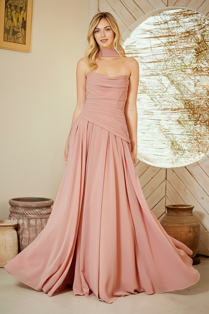 Amelia Couture 6133 - Drop Waist Chiffon Gown with Scarf
