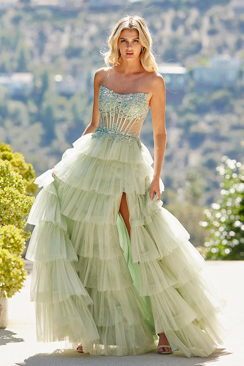 Amelia Couture 9053 - Tiered Ruffle Gown with Corset Strapless Bodice