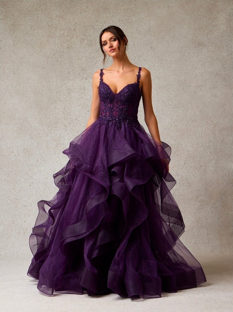 Bicici & Coty AN25614 - Tiered Ruffle Plum Gown