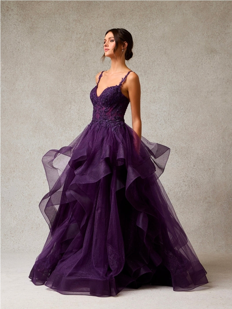 Bicici & Coty AN25614 - Tiered Ruffle Plum Gown