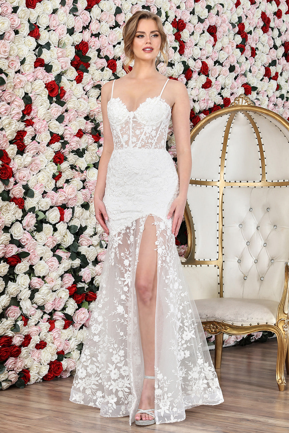 Adora Design 3242-01 - Lace Gown with Sheer Skirt