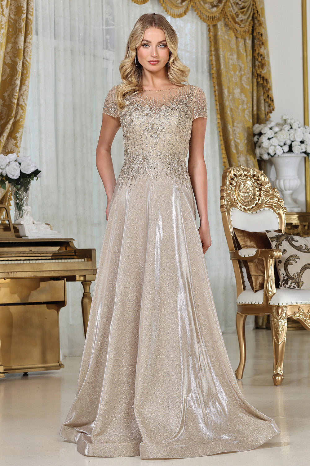 champagne designer dress Champagne Long Dress with Feather Detailing and Crystal Embellishments Walone LLC