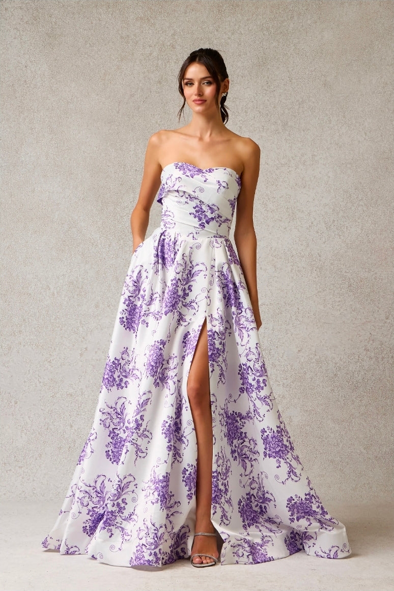 Bicici & Coty SP4596 - Floral Print Strapless Gown with Pockets