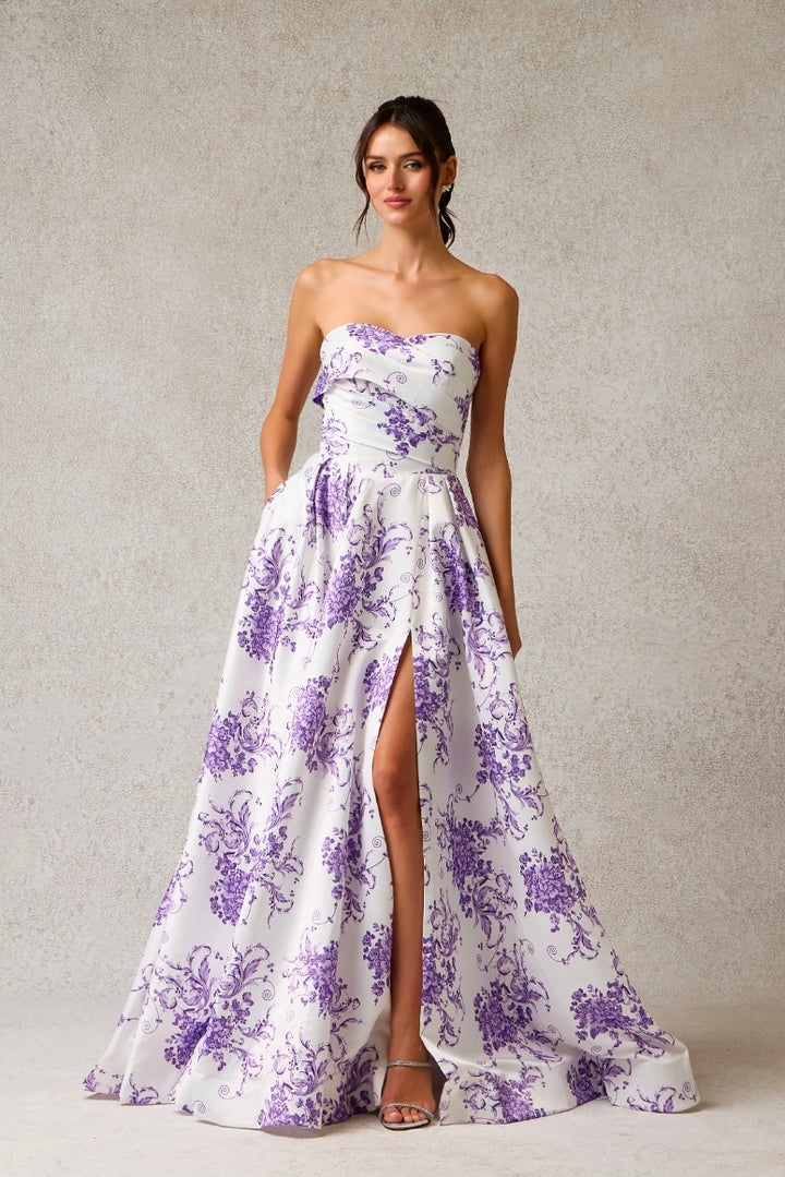 Bicici & Coty SP4596 - Floral Print Strapless Gown with Pockets