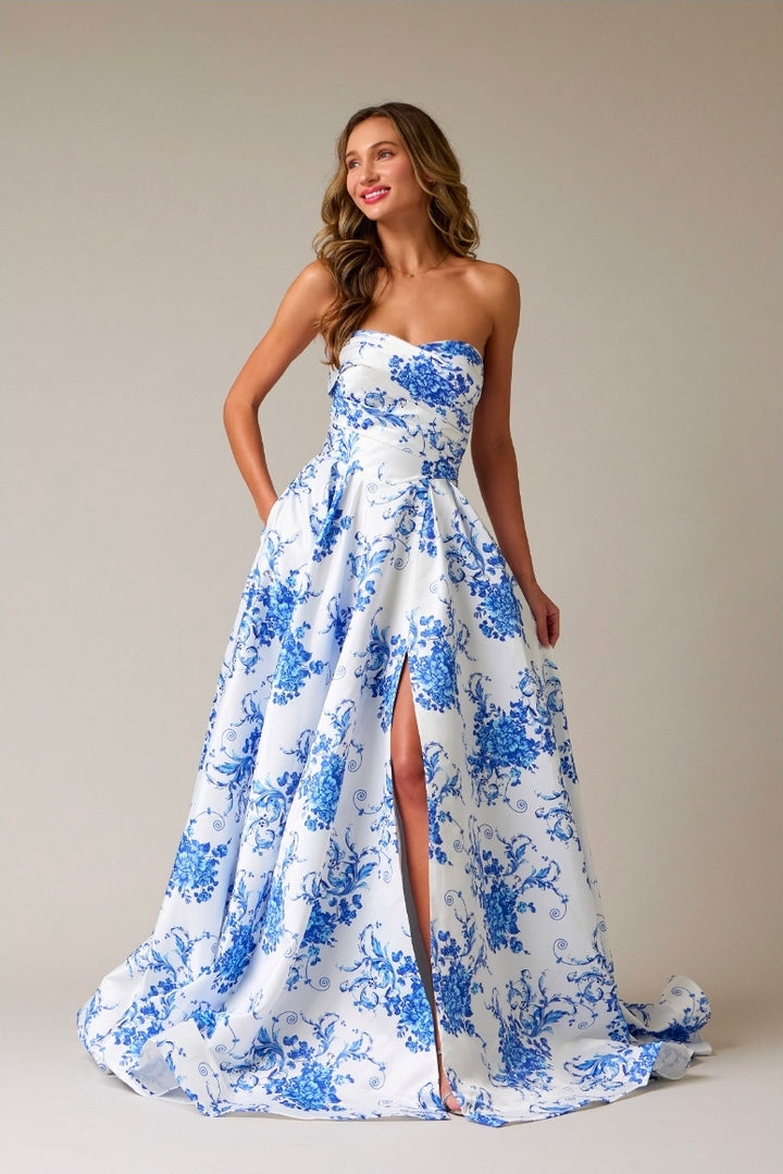 Bicici & Coty SP4596 - Floral Print Strapless Gown with Pockets