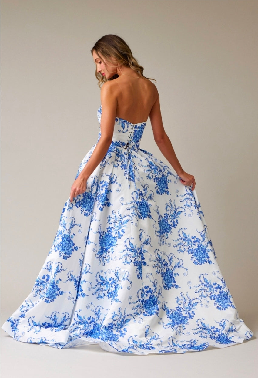 Bicici & Coty SP4596 - Floral Print Strapless Gown with Pockets