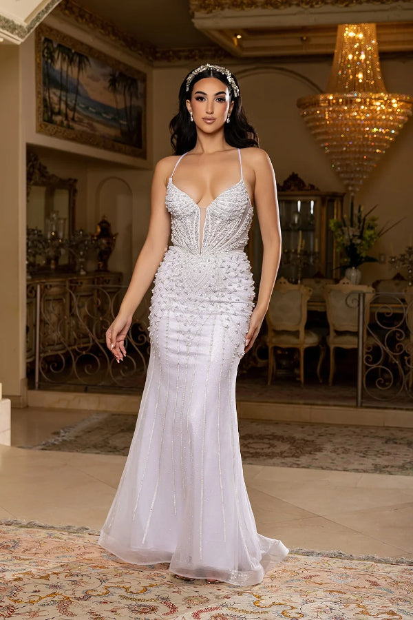 May Queen RQ8212 - Pearl Detailed Cross Tied Gown