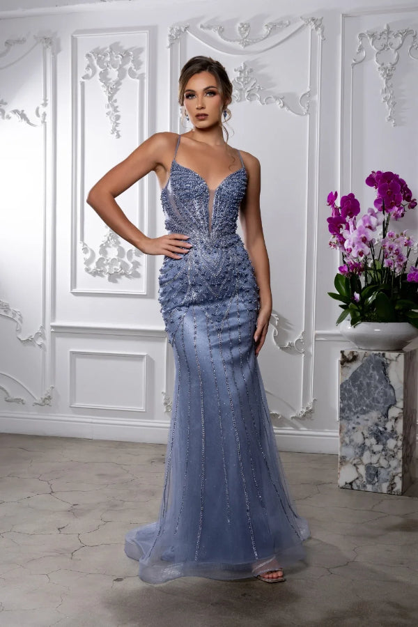 May Queen RQ8212 - Pearl Detailed Cross Tied Gown