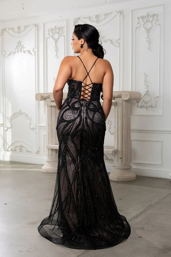 May Queen RQ8221 - Spaghetti Strap Gown with Pearl Beads