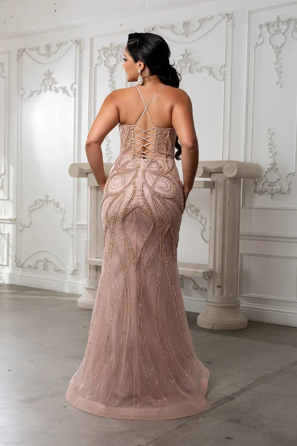 May Queen RQ8221 - Spaghetti Strap Gown with Pearl Beads