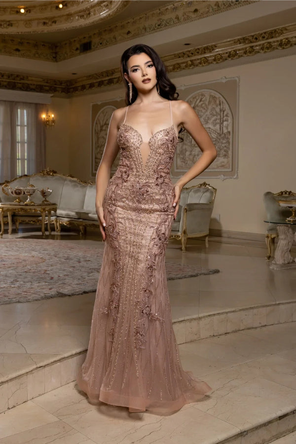 May Queen RQ8230 - Spaghetti Strap Beaded Plunge Gown