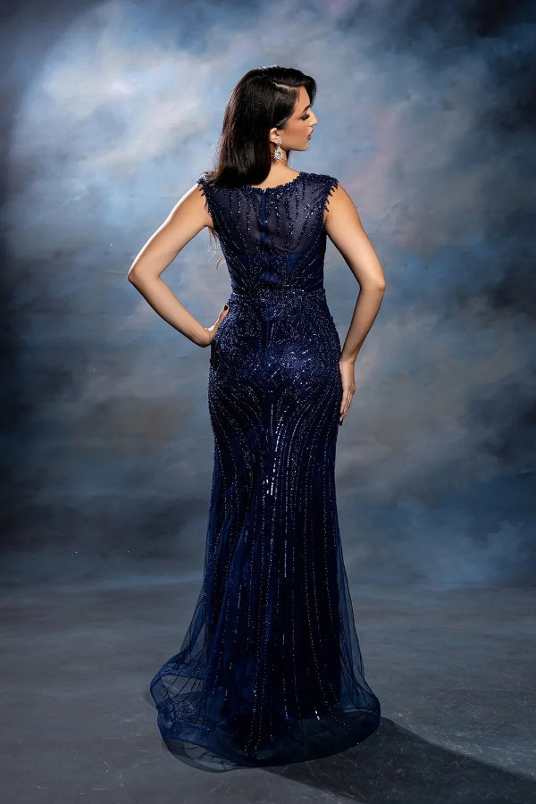 May Queen RQ8245 -  V-Neck Illusion Cap Sleeve Allover Beaded Mermaid Formal Prom Dress