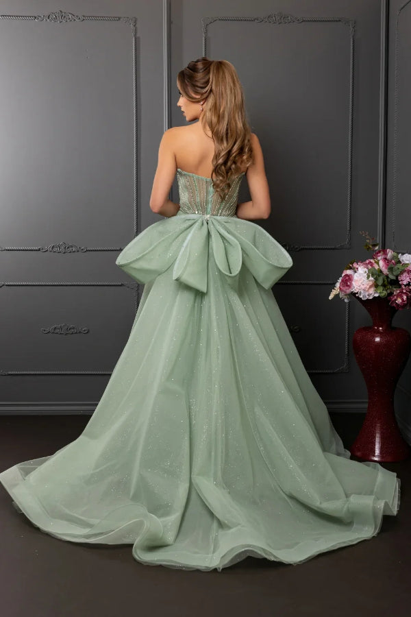 May Queen RQ8257 - Crystal Embellished Gown with Overskirt and Detachable Bow