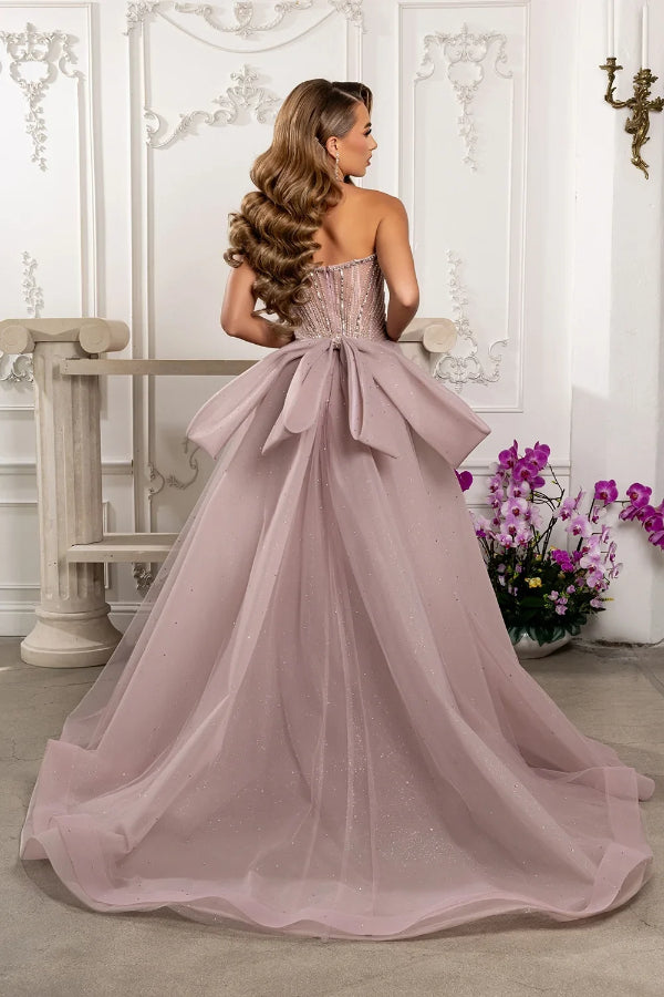 May Queen RQ8257 - Crystal Embellished Gown with Overskirt and Detachable Bow