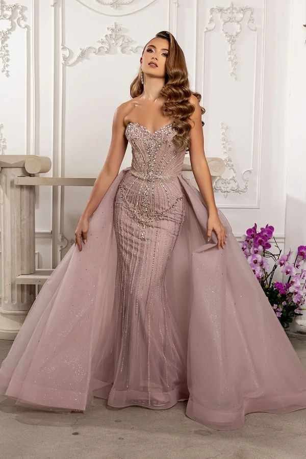 May Queen RQ8257 - Crystal Embellished Gown with Overskirt and Detachable Bow