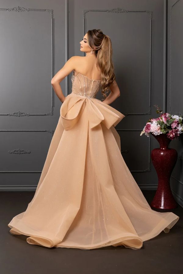 May Queen RQ8257 - Crystal Embellished Gown with Overskirt and Detachable Bow