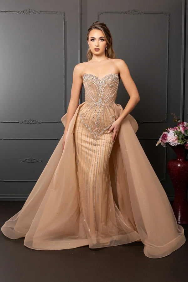May Queen RQ8257 - Crystal Embellished Gown with Overskirt and Detachable Bow